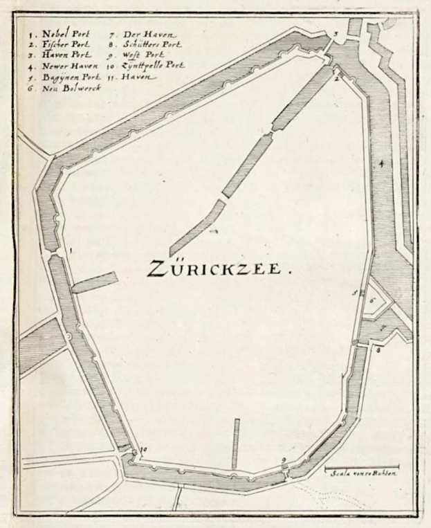 Detailkarte von Zürich, Schweiz, mit Straßen, Gebäuden und Sehenswürdigkeiten mit handgeschriebenem Text.