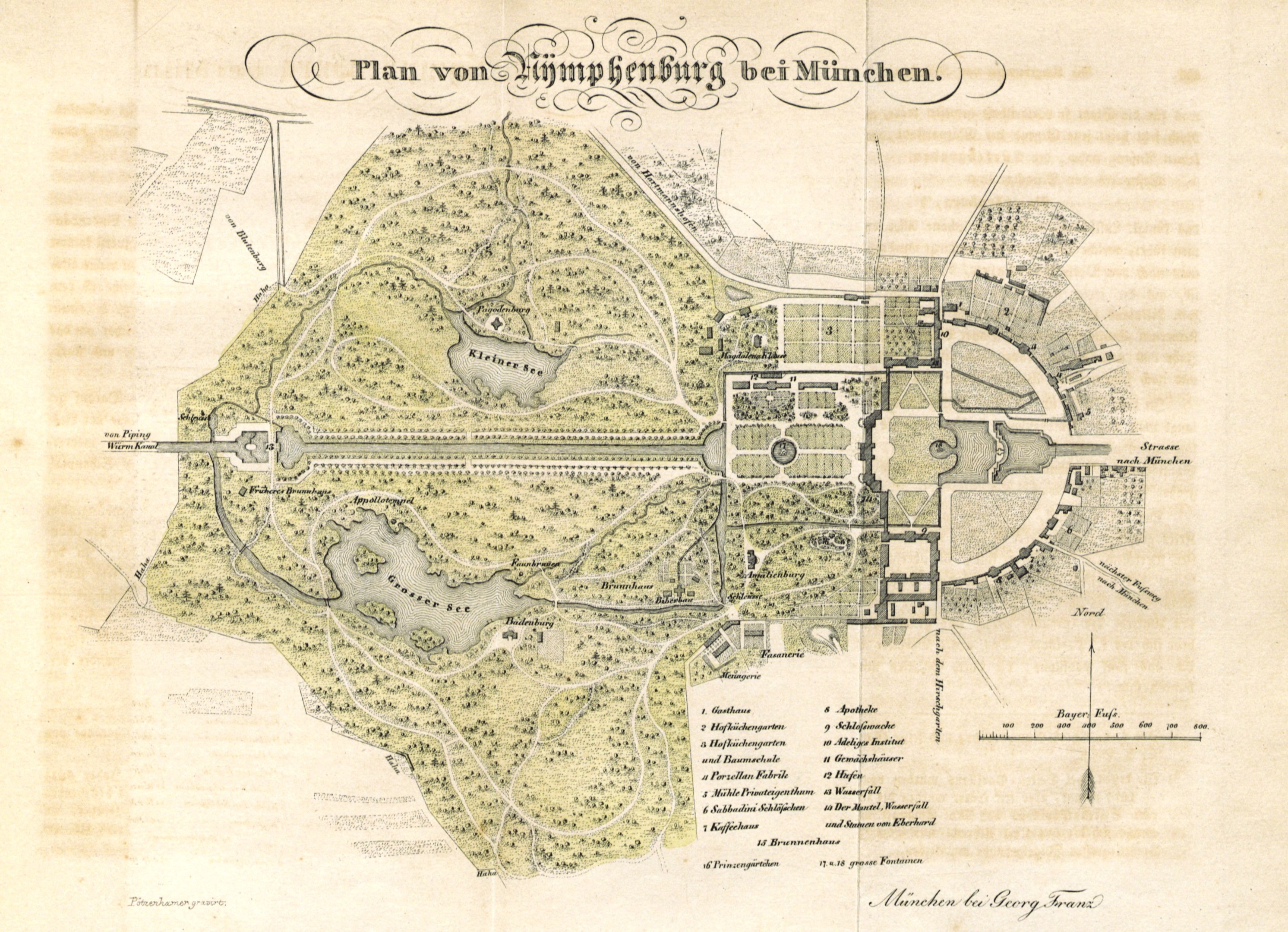 Old map of Munich, Germany, detailing a park's layout with handwritten text annotations.