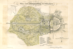 Old map of Munich, Germany, detailing a park's layout with handwritten text annotations.