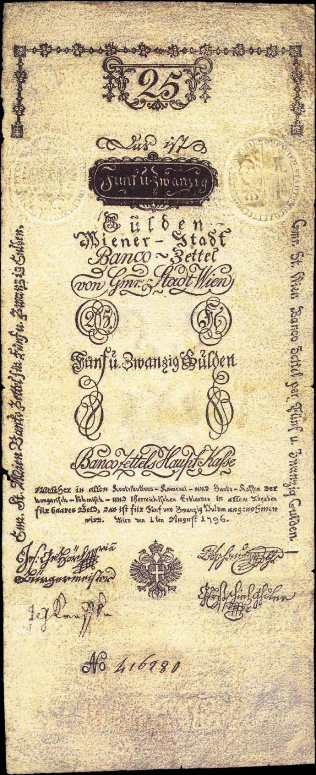 Alte deutsche Banknote mit schwarzem Hintergrund, die ein Männerporträt zeigt und mit 'Schweiz 25 Pfennig' beschriftet ist und einen Stempel auf der rechten Seite hat.