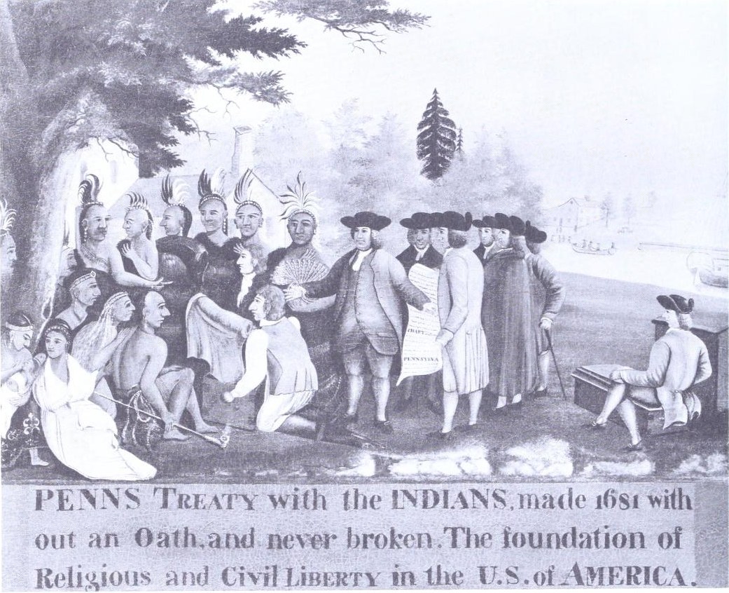 Poster showing a group of people in front of trees and sky with text at the bottom about the 1681 Penn's Treaty with the Indians and its significance to U.S. liberty.