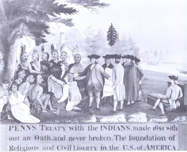 Poster showing a group of people in front of trees and sky with text at the bottom about the 1681 Penn's Treaty with the Indians and its significance to U.S. liberty.