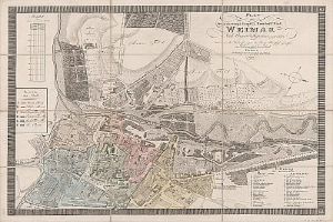Detailierte alte Karte von Weimar, Deutschland, mit Straßen, Gebäuden und Sehenswürdigkeiten sowie zusätzlichem Text zu Bevölkerung und bemerkenswerten Merkmalen.