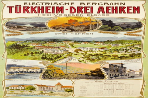 Plakat bewirbt Bergbahn, Deutschland, zeigt Gebäude, Bäume, Hügel und beschreibenden Text.