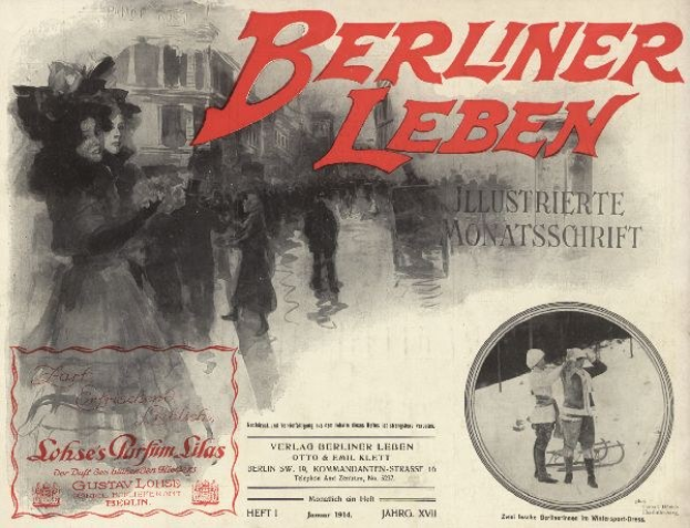 Altes Buch mit dem Titel 'Berliner Leben' mit einem Foto von Menschen in traditioneller deutscher Kleidung auf dem Cover, das auf einen historischen oder kulturellen Fokus auf Berlin hinweist.