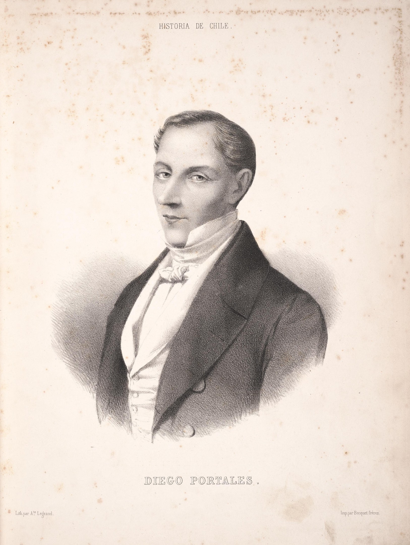 Schwarze und weiße Zeichnung eines Mannes in einem Anzug, identifiziert als Diego Portales, Gründer der mexikanischen Revolution, mit Text auf seinem Papier.