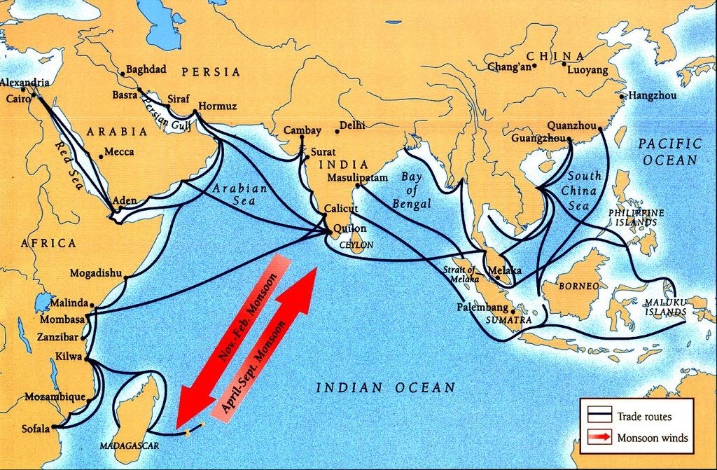 World map highlighting Mongol Empire trade routes in the Indian Ocean with labeled countries and dates.