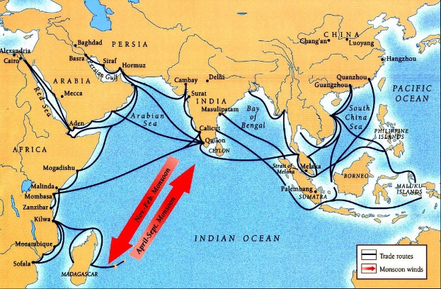 World map highlighting Mongol Empire trade routes in the Indian Ocean with labeled countries and dates.
