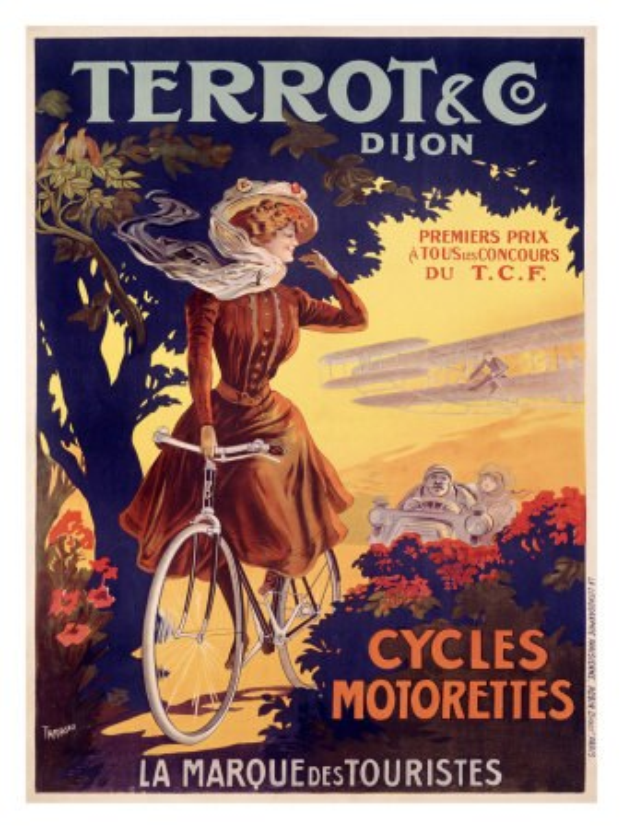 Ein Plakat, das eine Fahrradtour in Frankreich ankündigt, zeigt eine Frau auf einem Fahrrad zwischen Bäumen, Blumen und anderen Menschen, mit Text zur Beschreibung der Tour.