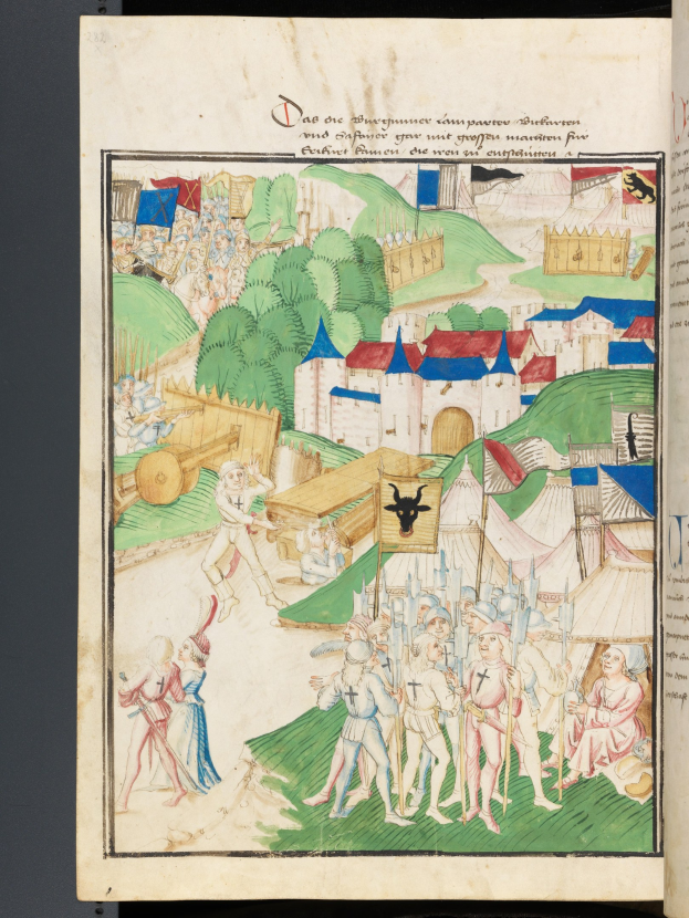 Open book with a medieval battle scene painting, including people, houses, trees, grass, and other objects, accompanied by text.