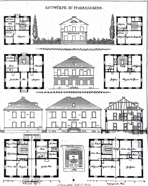 Schwarz-weißer Architekturentwurf eines Hauses mit zahlreichen Fenstern, beschriftet mit "Pläne für ein Haus in Deutschland", umgeben von Bäumen.