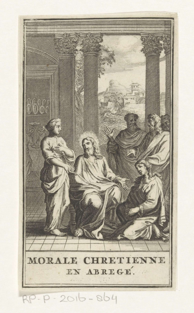 Black and white engraving titled "Morale Chretienne en Abrege" showing distressed people in a tense room.