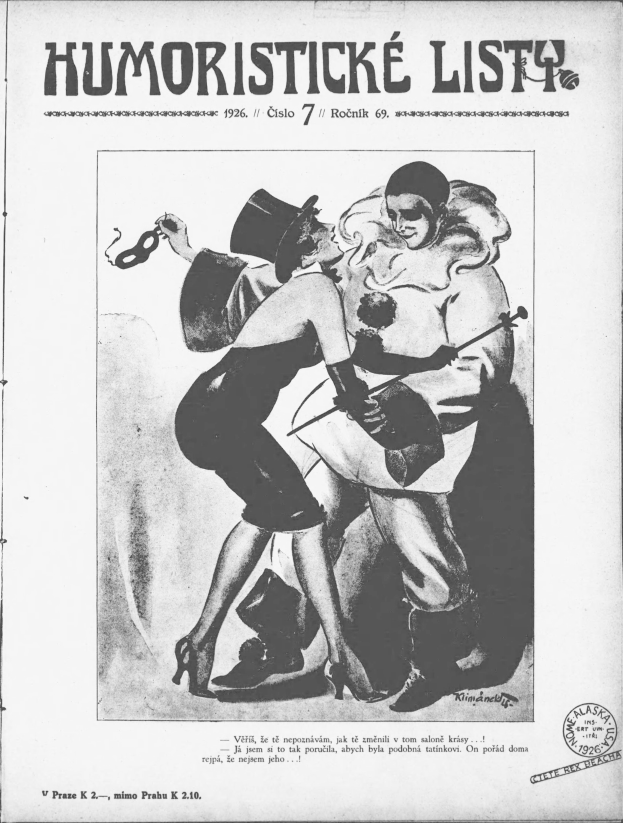 Schwarzes und weißes Plakat aus dem Jahr 1926, das einen Mann mit Zylinder und eine Frau mit einem Musikinstrument zeigt, die zusammen tanzen.