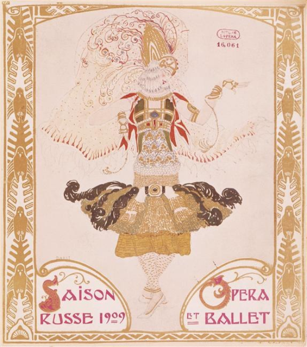 Plakat für eine Pariser Ballettvorstellung im Jahr 1909 mit dem Titel "Saison Russe", das eine gemalte Tänzerin in einer anmutigen Pose zeigt.