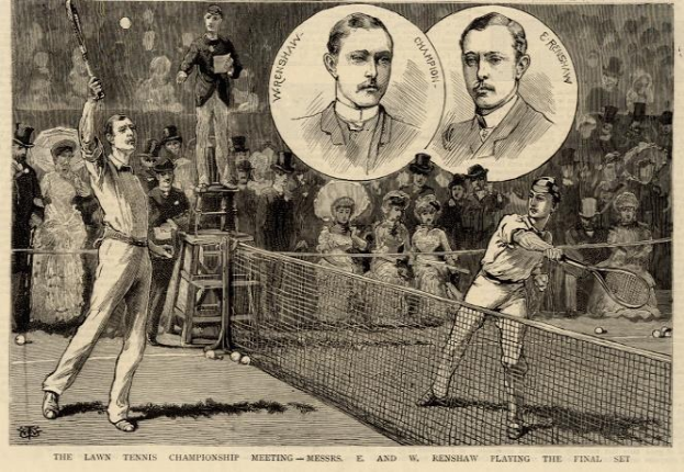 Schwarze und Weiße Zeichnung von zwei Männern, die Tennis auf einem Platz mit einem Netz spielen, während eine Gruppe von Menschen im Hintergrund zuschaut; Text unten lautet "The Lawn Tennis Championship Meeting - Messers, E und W Renshaw spielen das entscheidende Spiel."