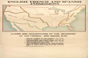 Karte der Vereinigten Staaten, die die englischen, französischen und spanischen Territorialansprüche und Besetzungen zu Beginn des Franzosen- und Indianerkriegs zeigt, farbcodiert und mit beschreibendem Text in einem dekorativen Rahmen versehen.