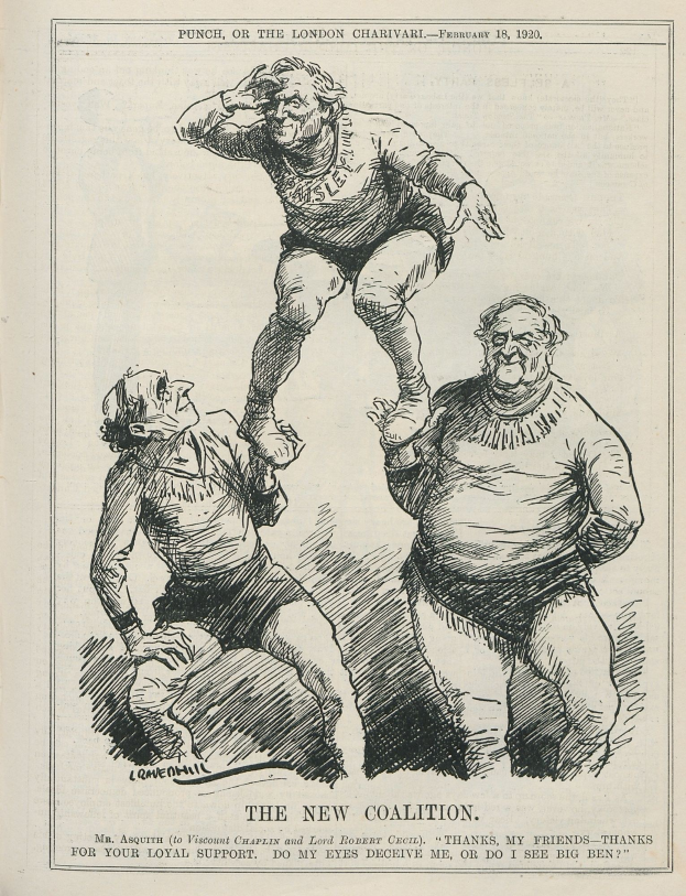 Ein historischer politischer Cartoon mit dem Titel "Die neue Koalition" aus Punch, oder der Londoner Charivari, vom Februar 18, 1920, der drei besorgte Figuren zeigt, wobei die mittlere Person verzweifelt die Arme ausbreitet.