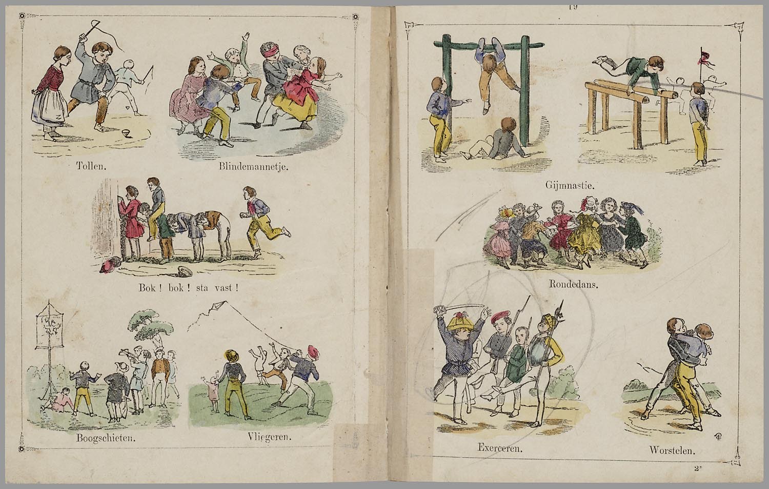 Open book with illustrations of people playing sports like running, jumping, and ball games, each accompanied by descriptive text.
