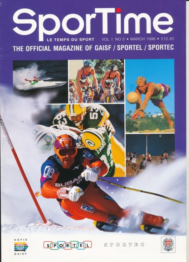 Titelbild von *Sporttime Magazine* (März 1996) mit Ski- und Snowboard-Aufnahmen, Text und Logos.