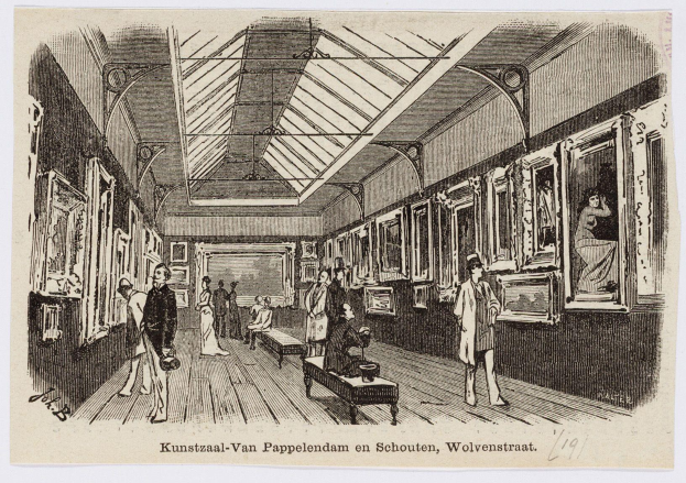 A drawing of a crowded room with people standing and sitting on benches, featuring photo frames on the walls and a visible ceiling, with text at the bottom reading "Kunstzaal van Pappelendam en Schouten, Wolvenstraat".