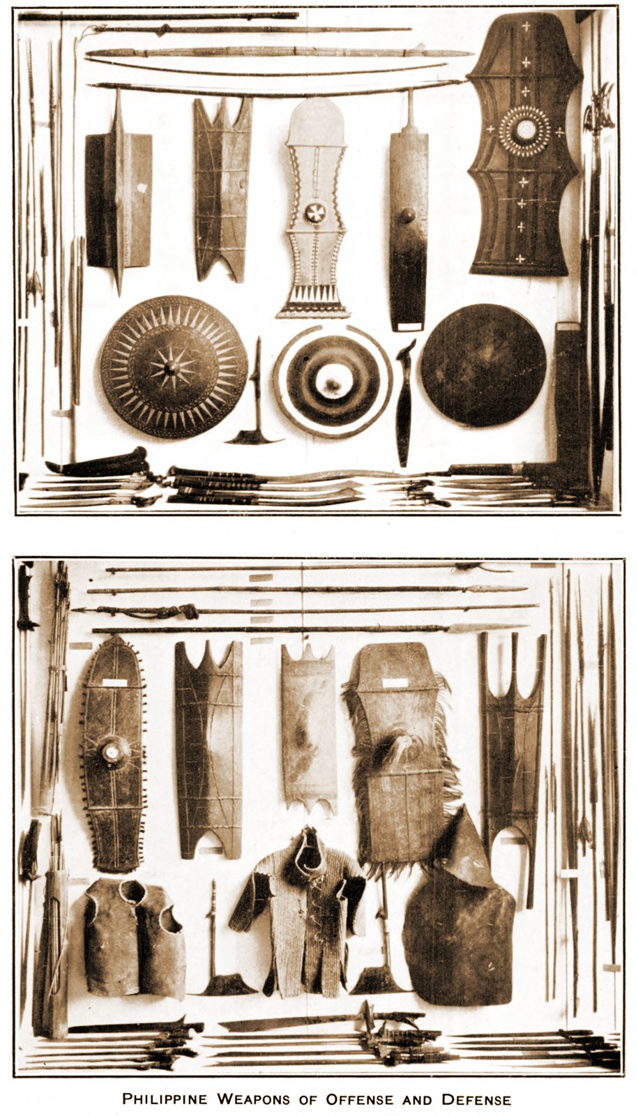Poster displaying various Philippine offensive and defensive weapons such as swords, spears, and shields with the text "Philippine Weapons of Offense and Defense" at the bottom.