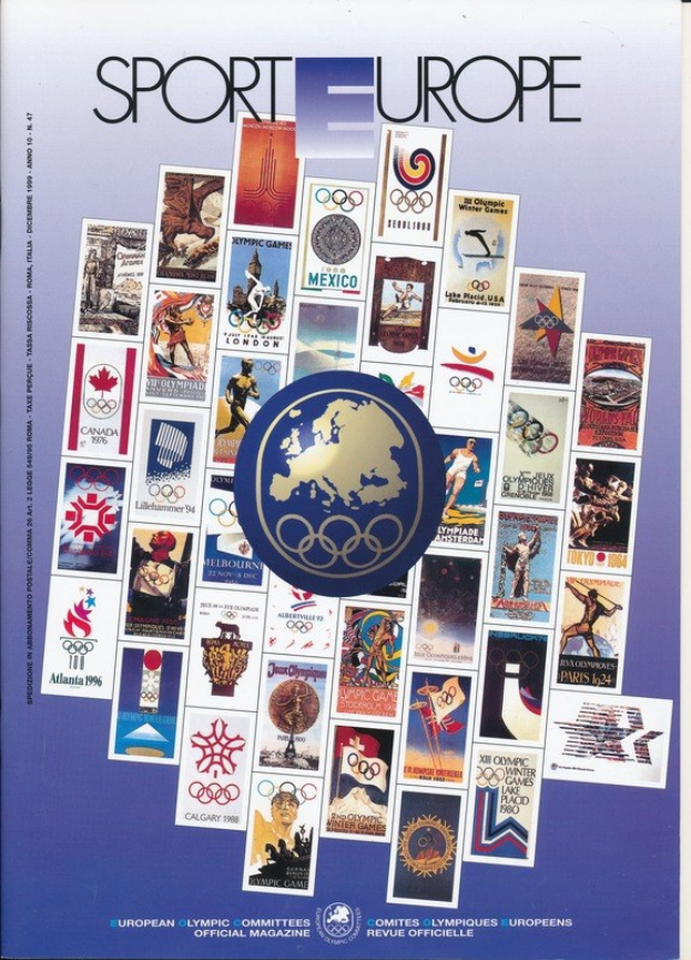 Buchumschlag mit dem Titel "Sporting Europe" zeigt lebendige Olympia-Games-Imagery und Text, betont europäische Olympische Symbole und Designs.