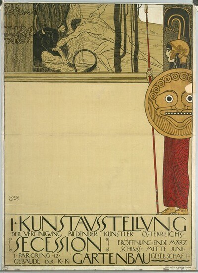 Poster for the Kunststävstellung secession in Gartenbau, Germany, depicting a person in a long dress holding a stick with a determined expression, against a deep blue background with stars and bold white text.
