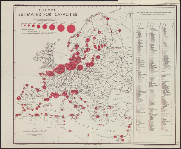 Ein gerahmtes Europa-Karte mit roten Punkten, die geschätzte Hafenkapazitäten markieren.