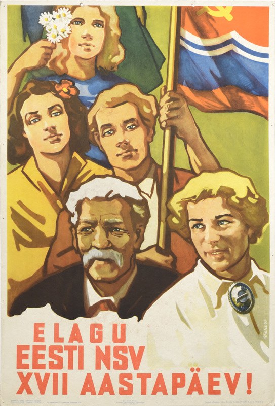 Soviet propaganda poster featuring a group of people holding a flag with text on it.