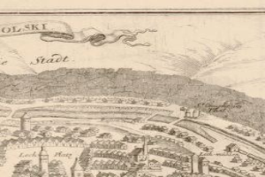 Ausführliche alte Stadtkarte, die Straßen, Gebäude, Bäume, Hügel und Sehenswürdigkeiten mit beschreibendem Text zeigt.