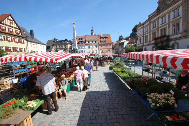 Ein belebter Markt im alten Stadtkern von Heidelberg, Deutschland, mit Menschen, die gehen, auf Bänken sitzen und in der Nähe von Zelten und Tischen mit Körben voller Gemüse sowie Gebäuden mit Fenstern, Bäumen und einem klaren blauen Himmel im Hintergrund.