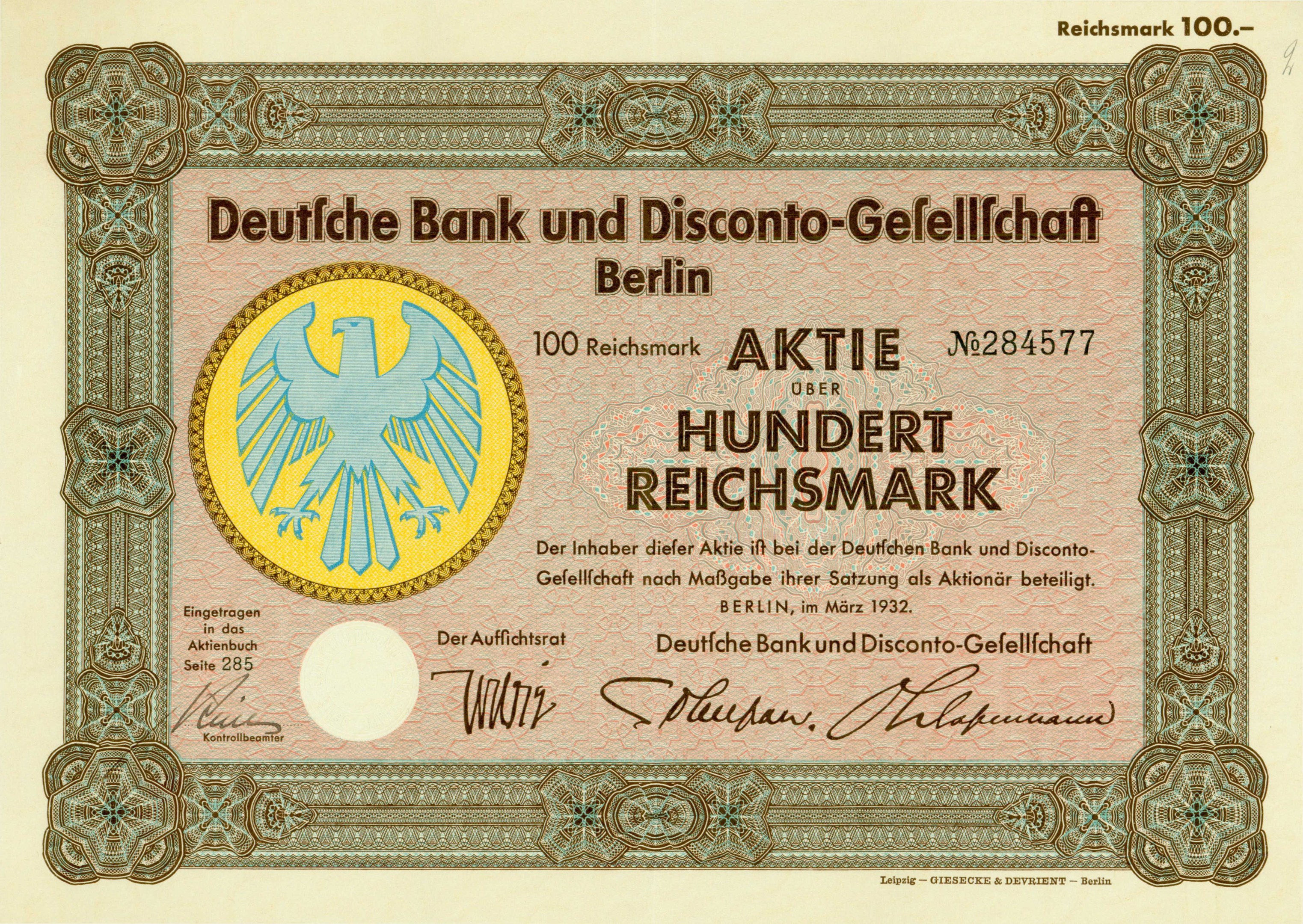 Old German banknote featuring a bird illustration with the text "Deutsche Bank und Disconto-Gefellichaft Berlin".