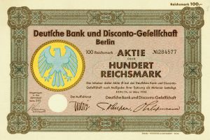Old German banknote featuring a bird illustration with the text "Deutsche Bank und Disconto-Gefellichaft Berlin".