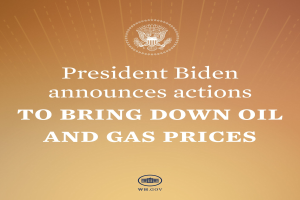 Präsident Biden an einem Rednerpult mit einem Plakat, auf dem Text und ein Logo zu sehen sind, bei der Ankündigung von Maßnahmen zur Reduzierung von Öl- und Gaspreisen.