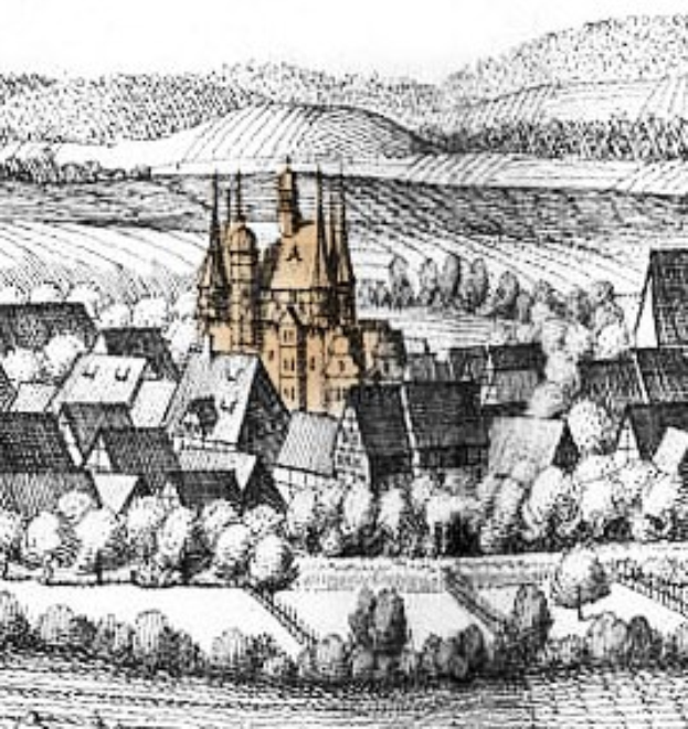 Schwarz-weiß-Zeichnung einer kleinen Stadt mit einer zentralen Kirche, umgeben von Bäumen und Hügeln, beschriftet mit "Gothic Architecture in Germany" unten.