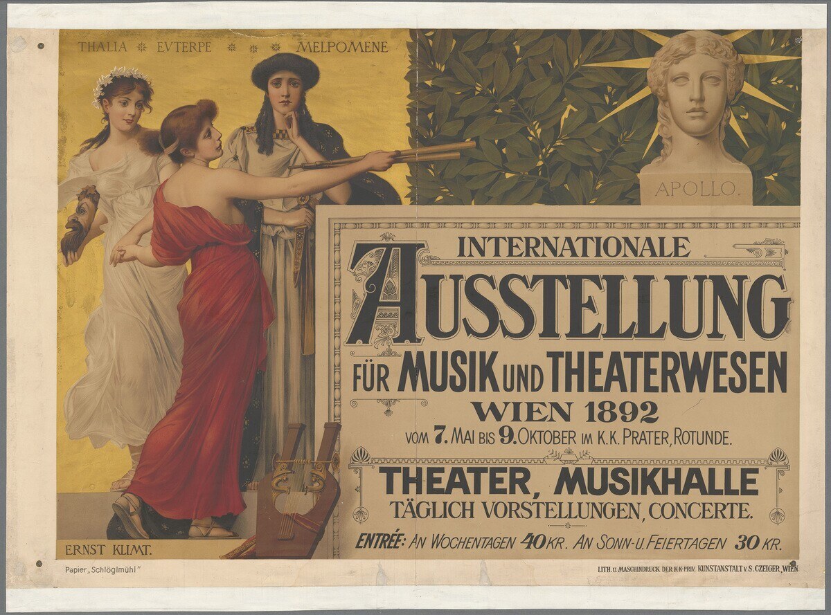 Plakat für die Internationale Ausstellung für Musik und Theaterwesen in Wien, das eine Gruppe von Menschen in einem Kreis mit einer Frau in der Mitte, die ein Musikinstrument hält, und Text über das Ereignis zeigt.
