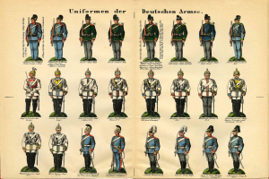 A book displaying brightly colored German Army military uniforms with intricate details like helmets, rifles, and other weapons.