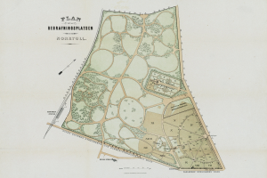 Old map of London, England, labeled as a detailed plan of Begranningsplatsen, Netherlands, showing streets, buildings, and other features.