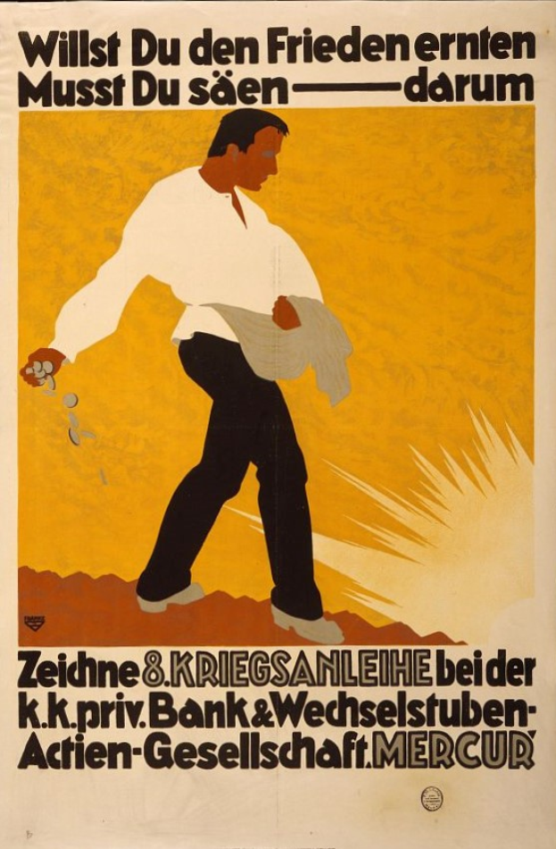 Ein deutsches Propagandaplakat für die Bank von Deutschland, das einen Mann in einem weißen Hemd und schwarzen Hosen zeigt, mit Texten, die Informationen über die Bank und ihre Dienstleistungen enthalten.