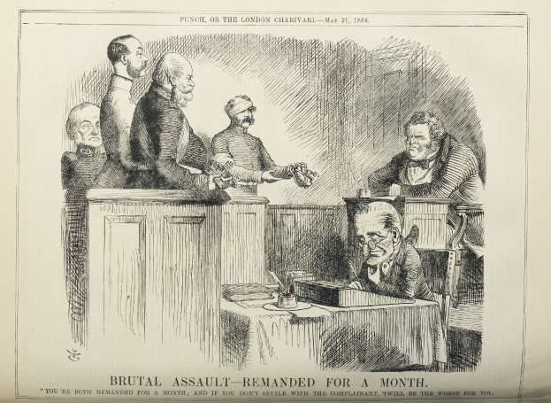 Eine Zeichnung einer Gruppe von Menschen, die um einen Tisch sitzen, mit einer Person in der Mitte, Büchern und Gegenständen auf dem Tisch und einem Text unten, der "brutaler Angriff - vorläufig festgenommen" lautet.