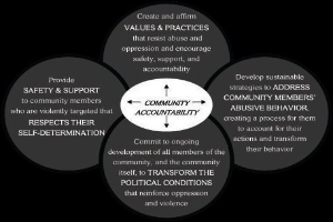 Ein Diagramm mit der Überschrift "Gemeinschaftliche Rechenschaft" und einem zentralen Kreis, der durch Pfeile mit drei überlappenden Kreisen verbunden ist, alles in fetter Schrift auf einem hellen, leuchtenden Hintergrund.