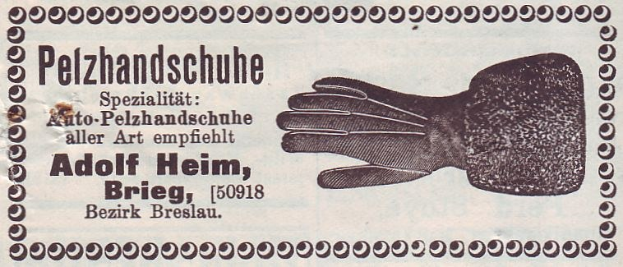 Alte deutsche Visitenkarte mit einer Illustration von einem Handschuhpaar und gedrucktem Text.