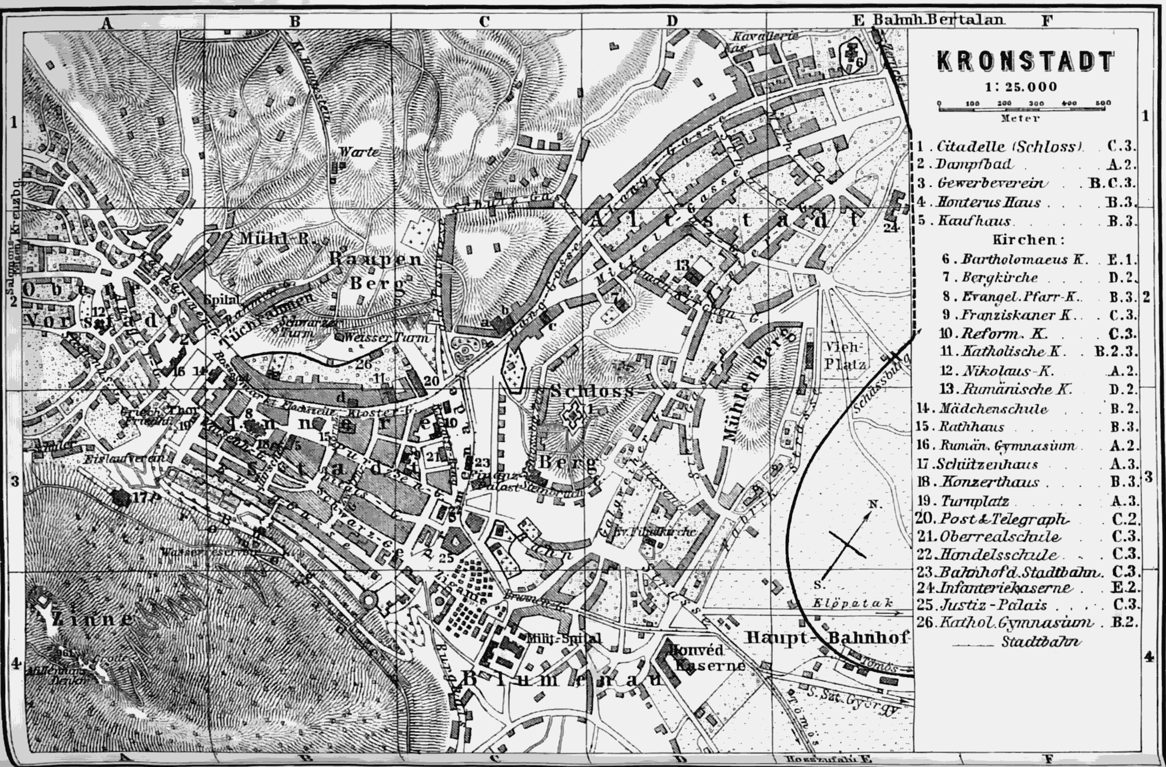 Black and white map of Kronstadt, Germany, showing streets, buildings, and landmarks with text on the right side.