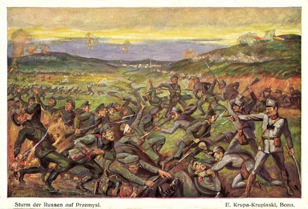 Painting depicting a group of men in military uniforms, some holding guns, in battle, with the text "Sturm der Russen auf Przemysl" at the bottom.