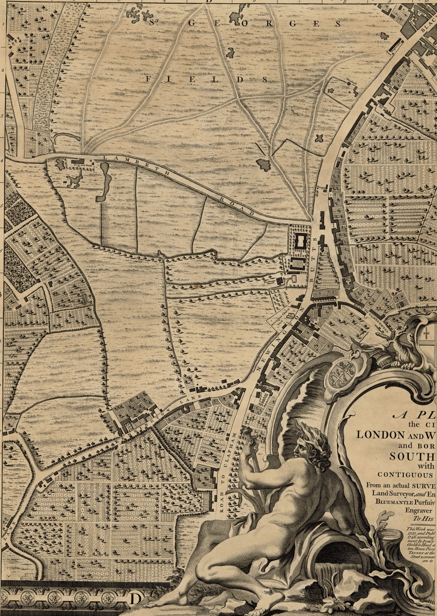 Eine detaillierte Karte von London und seinen umliegenden Gebieten mit einer zentralen Skulptur einer Person.