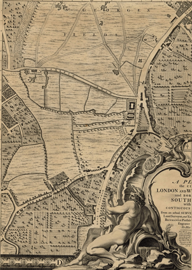 Eine detaillierte Karte von London und seinen umliegenden Gebieten mit einer zentralen Skulptur einer Person.