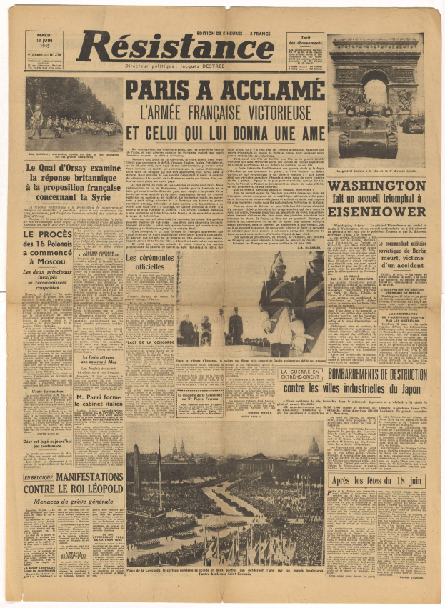 Front page of the aged Resistance newspaper from Paris, France, with headline "Paris Acclame" and a crowd photo, text in bold black font.