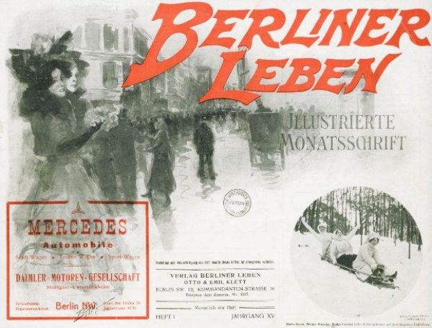 Mercedes-Benz-Werbung in Berlin mit Menschen, Bäumen, Gebäuden, Text und einem Stempel.