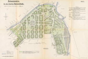 Old map of Berlin, Germany, detailing streets, buildings, and landmarks with accompanying text describing the Stadtteil plan.