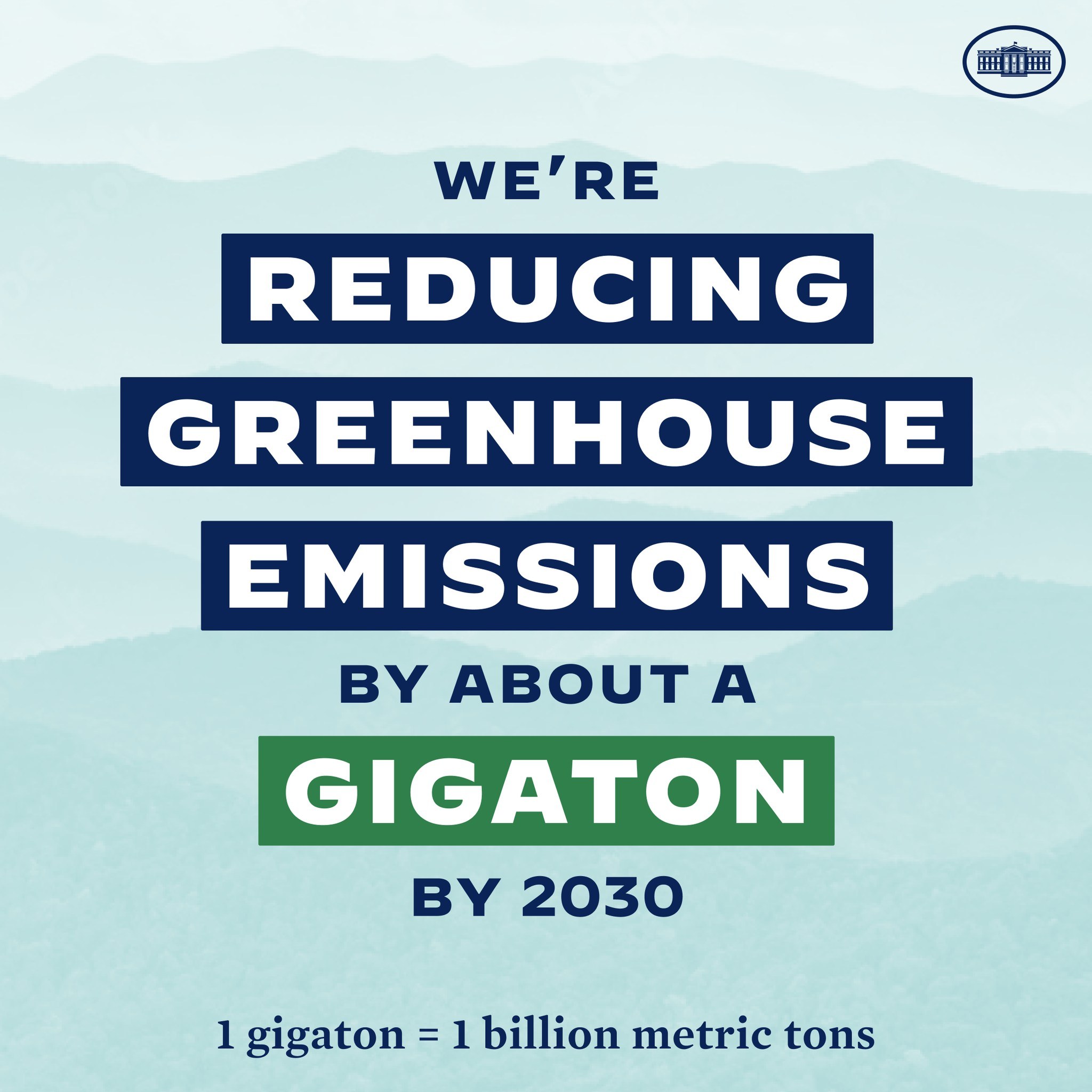 Plakat mit Text und Logo, das "Wir reduzieren die Treibhausgasemissionen um etwa eine Gigatonne bis 2030" besagt.